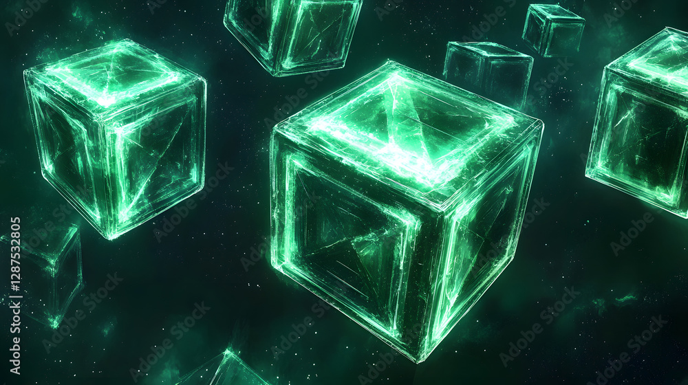 Aufkleber a cluster of luminous green cubes arranged in a dynamic formation on a dark background