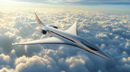 Fototapeta premium High-speed aircraft soaring above the clouds during a vibrant sunset sky in the backdrop of modern aviation innovation