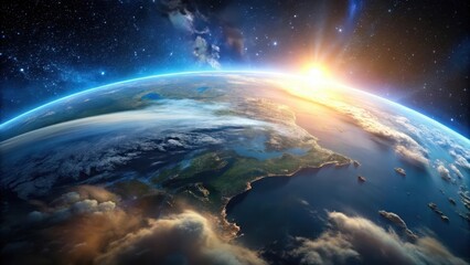 Obraz premium A Breathtaking Sunrise Over a Planet Earth Displaying a Detailed View of Landmasses and Ocean