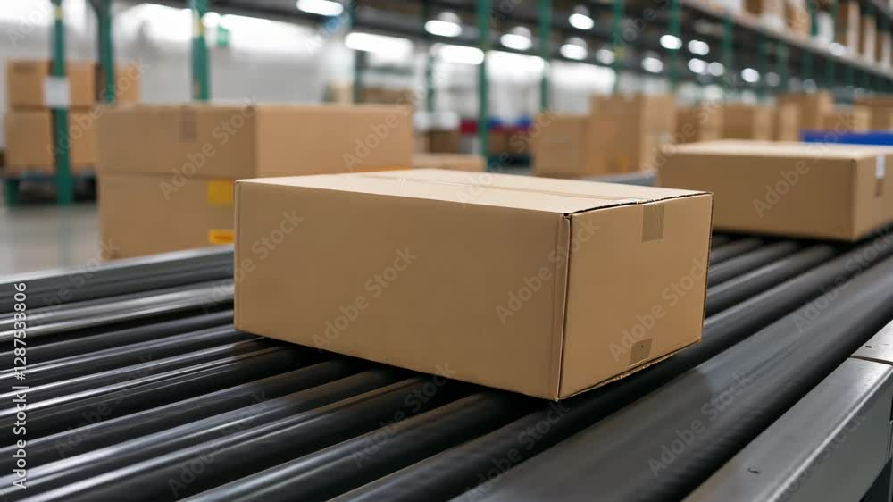 Poster cardboard boxes on conveyor belt in warehouse setting highlighting logistics and distribution proces