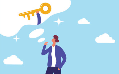 Flat illustration of businessman holding golden secret key.