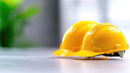 Two yellow hard hats on table, office background, safety, construction