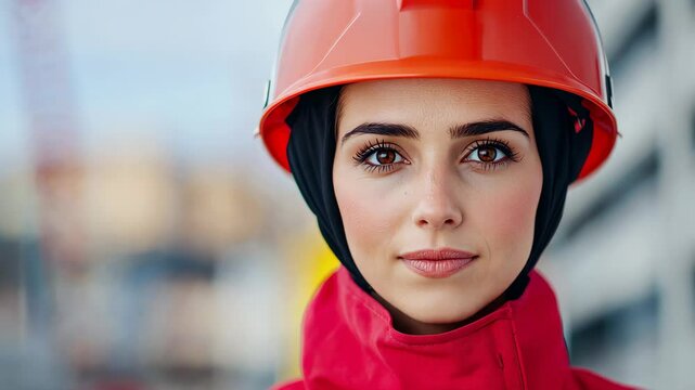 Confident Female Firefighter Portrait in Red Uniform and Protective Helmet, Representing Diversity and Strength in Emergency Services, Inspiring for Heroism, Safety, and Community Support