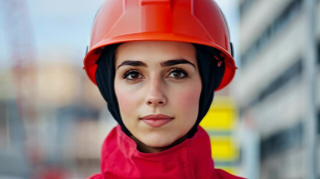 Confident Female Firefighter Portrait in Red Uniform and Protective Helmet, Representing Diversity and Strength in Emergency Services, Inspiring for Heroism, Safety, and Community Support