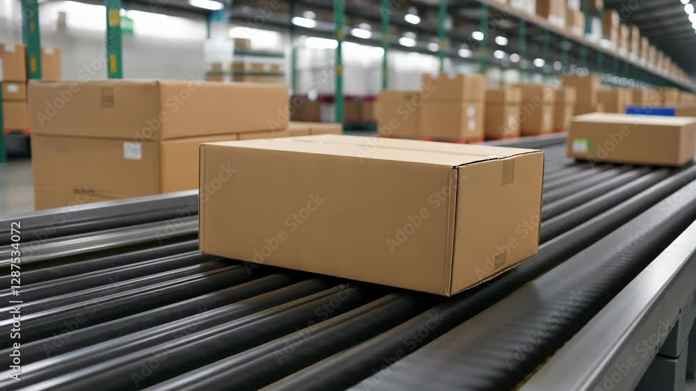 Poster cardboard boxes on conveyor belt in warehouse setting highlighting logistics and distribution proces