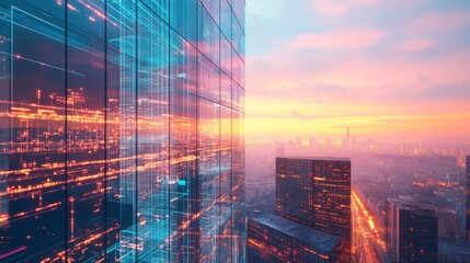 Modern skyscrapers illuminated by vibrant sunset colors in an urban cityscape with digital data overlay