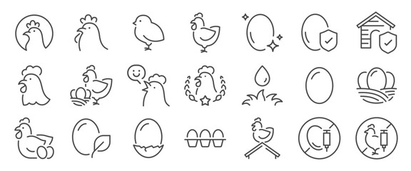 Chicken and egg icon set. It includes farm, agriculture, grass-fed, organic, and more icons. Editable Vector Stroke.  © antto