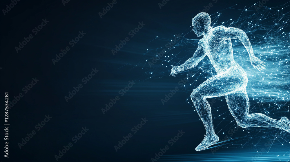 Poster digital runner: a dynamic visualization of a human figure in motion, comprised of interconnected dig