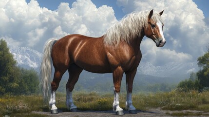 Obraz premium Majestic horse standing in a lush meadow with mountains and clouds in the background during a sunny day