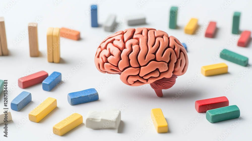 Poster mind's mosaic: a vibrant arrangement of colorful blocks surrounds a detailed model of the human brai