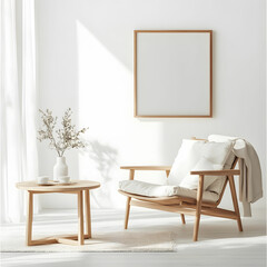 Natural wood chair in a bright white living room, paired with a minimalist blank table for a clean look