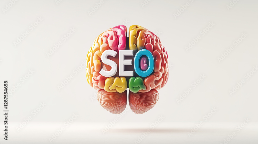 Aufkleber seo brain: an eye-level shot of a colorful brain with 'seo' in the center, suggesting the thought pr
