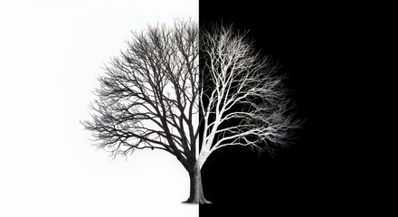 Fototapeta premium Abstract Bare Tree Symbolizing Duality with Black and White Background