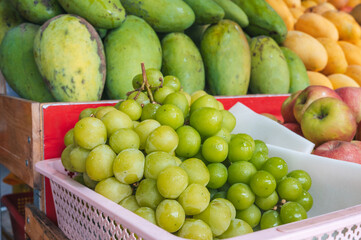 bunch of green Korean grape Shine Muscat on the counter at market in Asia