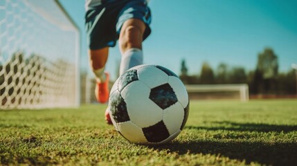 Fototapeta premium Soccer player kicking ball towards the goal on a sunny afternoon at a sports field