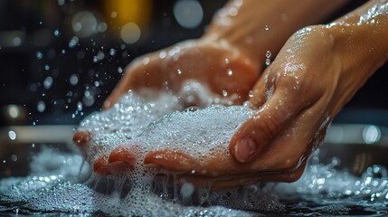 Fototapeta premium Close up view of hands washing with bubbly soap water
