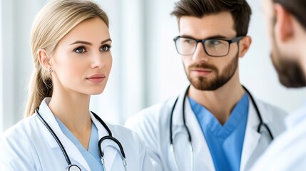 Fototapeta premium Medical Professionals Engaging in Serious Discussion in Clinic