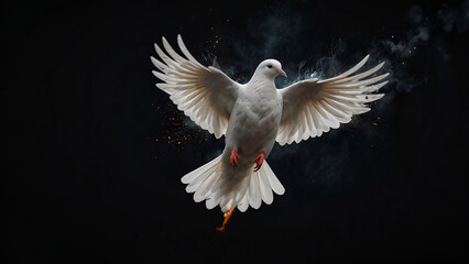Fototapeta premium AI-generated flying white dove against a dark background with a fire effect. A representation of peace