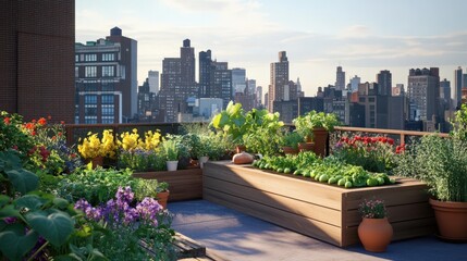 Fototapeta premium Rooftop Garden Overlooking City Skyline