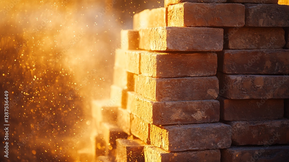Poster stack of bricks with golden light and dust particles effect