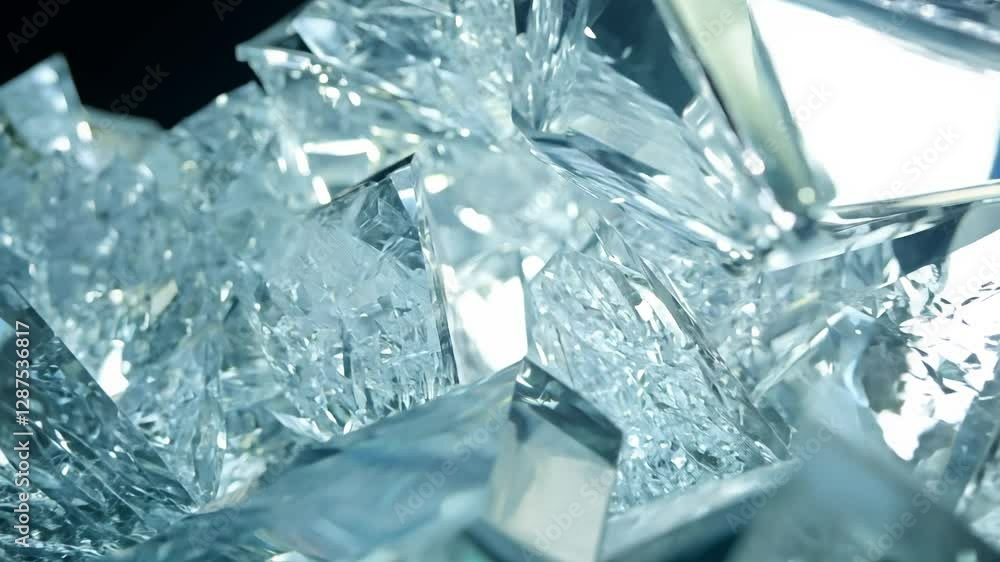 Poster dolly out video, close-up of frosted glass shards, with strong side lighting emphasizing their three