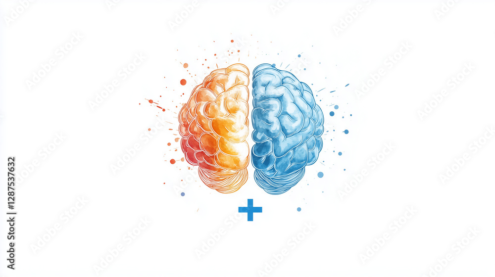 Poster brain's harmony: a visual representation of the brain divided into two halves, each with a different