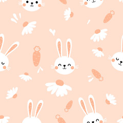 Seamless pattern with bunny rabbit cartoons, carrot and daisy flower on orange background vector.