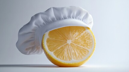 Creative lemon half with chef hat on white background, playful food concept