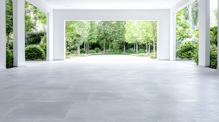 Fototapeta premium Modern building, covered patio, green garden view, tranquil setting, architectural design