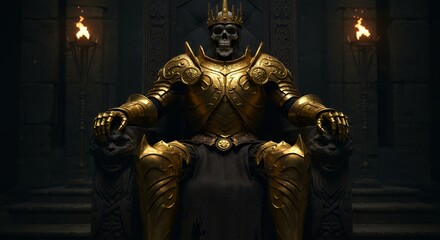 Skeleton King Wearing Golden Armor Sitting on Throne in Dark Castle