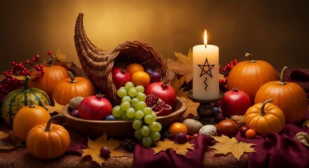Thanksgiving Still Life with Cornucopia, Pumpkins, Fruit and Lit Candle