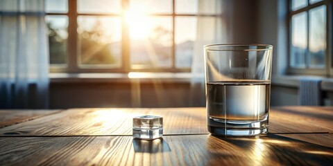A glass of water sits on a wooden surface, bathed in the warm glow of sunlight streaming through a nearby window, a small, clear cube rests beside it.