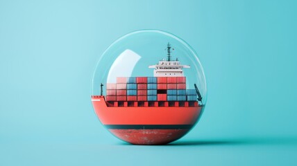 Shipping container vessel in glass sphere display modern art installation creative concept calm environment