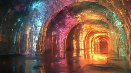 Naklejka premium Vibrant, colorful arched tunnel reflecting light. Ideal for fantasy, sci-fi, or abstract designs, evokes mystery and otherworldly wonder.