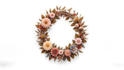 Fototapeta premium Floral Wreath with Pastel Flowers and Rustic Branches on White Backdrop