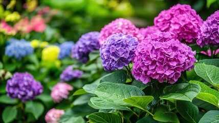 A stunning hydrangea bush with large, fluffy blooms of deep purple and pink flowers, set against a garden full of other colorful flowers. The hydrangea's vibrant colors pop against the green leaves 