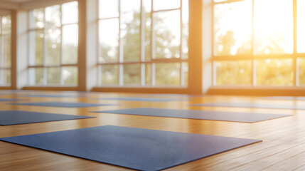 Fototapeta premium Serene Yoga Studio Interior with Sunlight Streaming Through Large Windows and Blue Mats on Wooden Floor