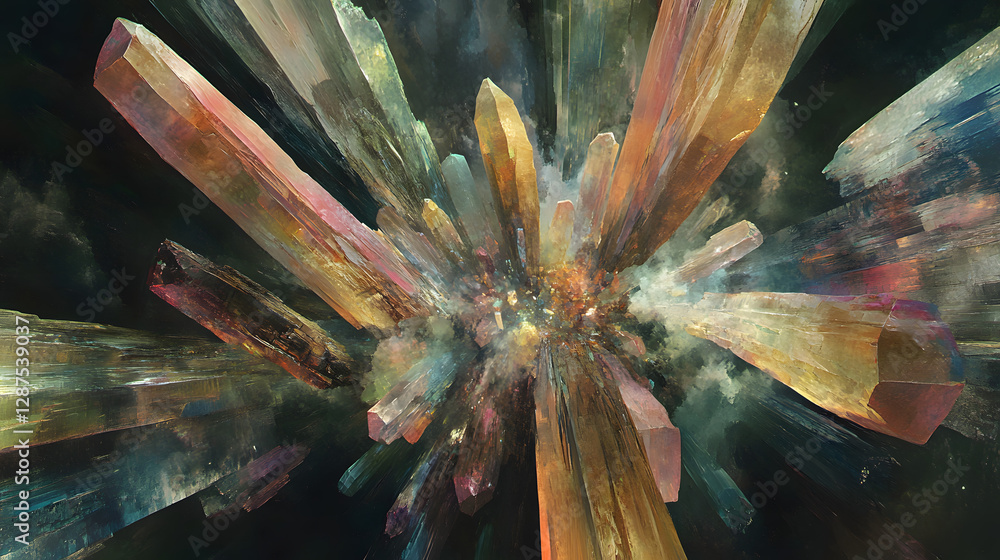Poster vibrant abstract painting depicting a colorful explosion of light and energy in dynamic swirls and p