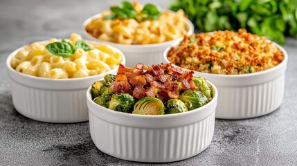 Brussels sprouts caramelized with maple syrup, topped with crispy bacon bits, paired with baked macaroni and cheese and cornbread stuffing