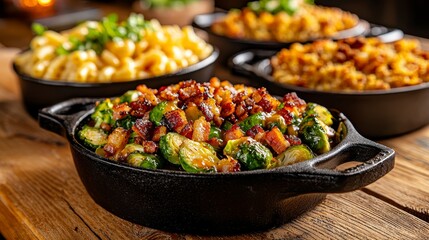 Brussels sprouts caramelized with maple syrup, topped with crispy bacon bits, paired with baked macaroni and cheese and cornbread stuffing