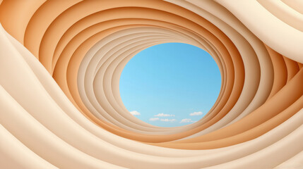 Fototapeta premium A surreal view of a circular tunnel leading to a bright blue sky with soft clouds, showcasing smooth, layered textures in warm colors.