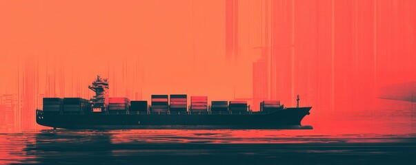 Obraz premium Container ship transporting cargo at sunset ocean view digital art serene environment modern concept