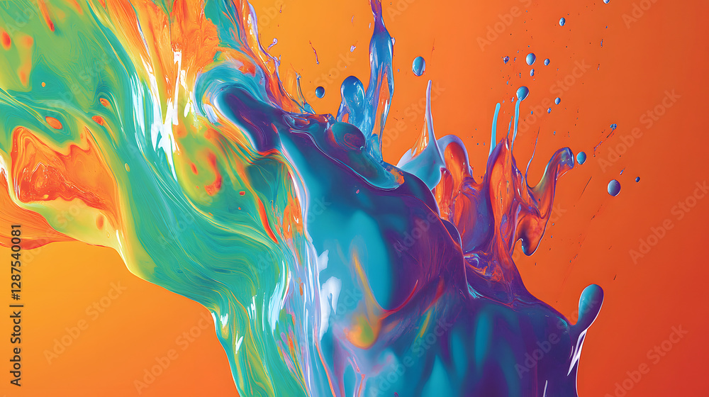 Poster colorful liquid splash creating dynamic patterns in mid-air against a neutral background