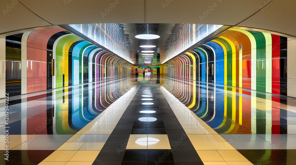 Poster long hallway featuring a series of colorful mirrors reflecting light and creating visual interest