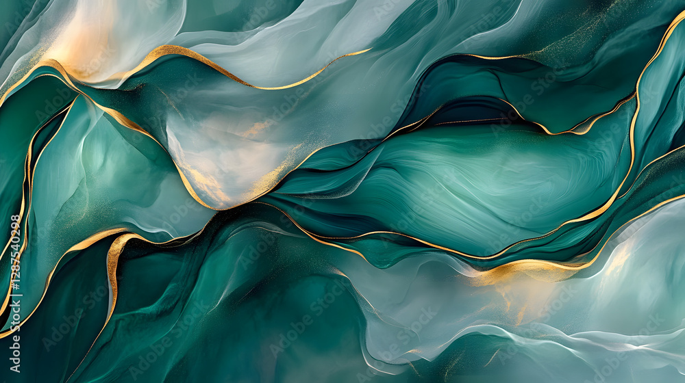 Poster painting featuring green and gold colors with abstract patterns and textures on canvas