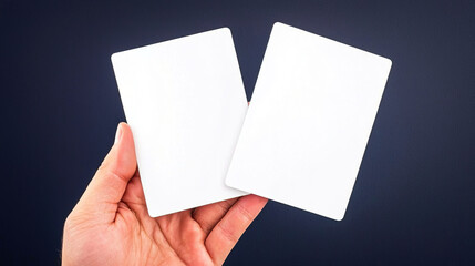 Obraz premium Human Hand Presenting Two Blank Cards Against Dark Background, Human hand holding two cards concept.