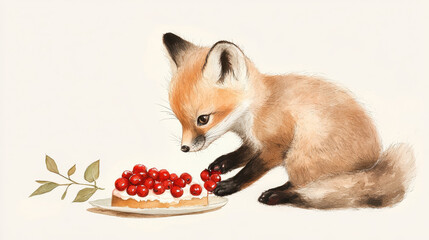 Obraz premium A charming baby fox carefully placing berries on a cake, watercolor illustration, warm earthy tones