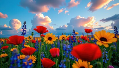 Fototapeta premium Vibrant wildflower meadow under a full moon glowing in an evening sky with colorful clouds