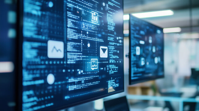 Digital Realm: Monitors displaying complex data and codes, symbolizing technology, data processing, and the digital world. The scene highlights the modern technological advancements.