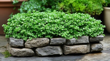 Lush green ground cover plants thriving on a stone border in a serene garden setting